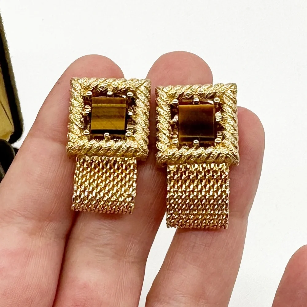 Vintage Swank Gold Tone Mesh Tiger’s Eye Square Cufflinks & Tie Tack Set IOB